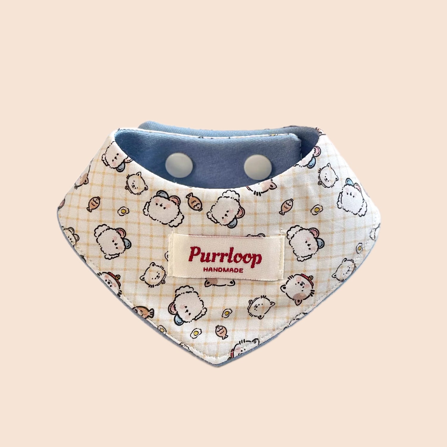 Reversible pet bandana collar with cute cartoon bear print and solid blue two-in-one design for cats and dogs