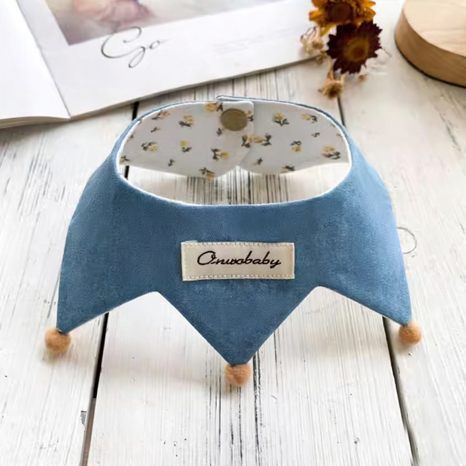 Blue denim side of reversible two-in-one pet bandana collar