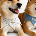 Load image into Gallery viewer, Shiba Inu dogs wearing floral reversible bandana collar with wooden bead detail
