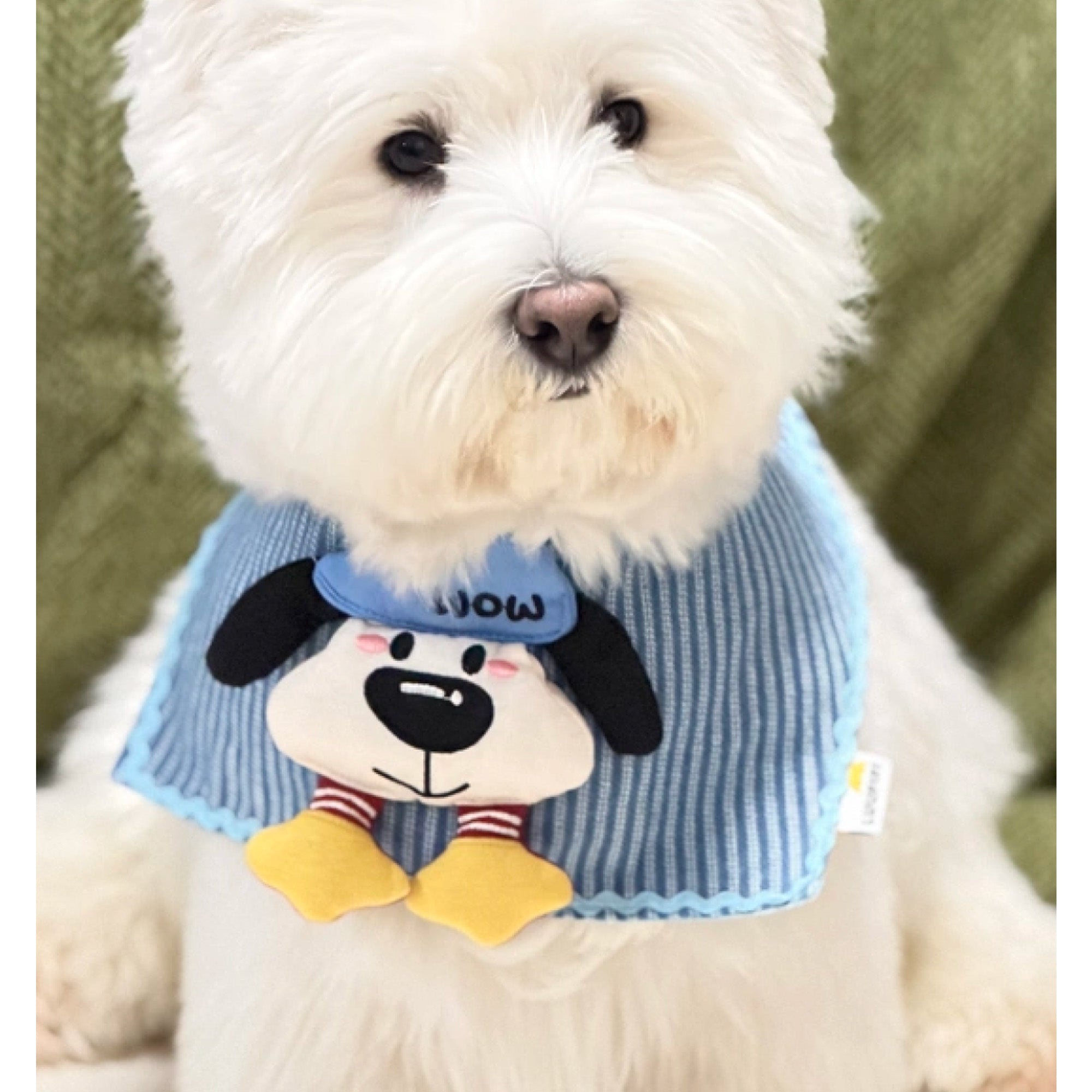 Small White Dog Wearing GraviPaw Stripe Denim Bandana Bib