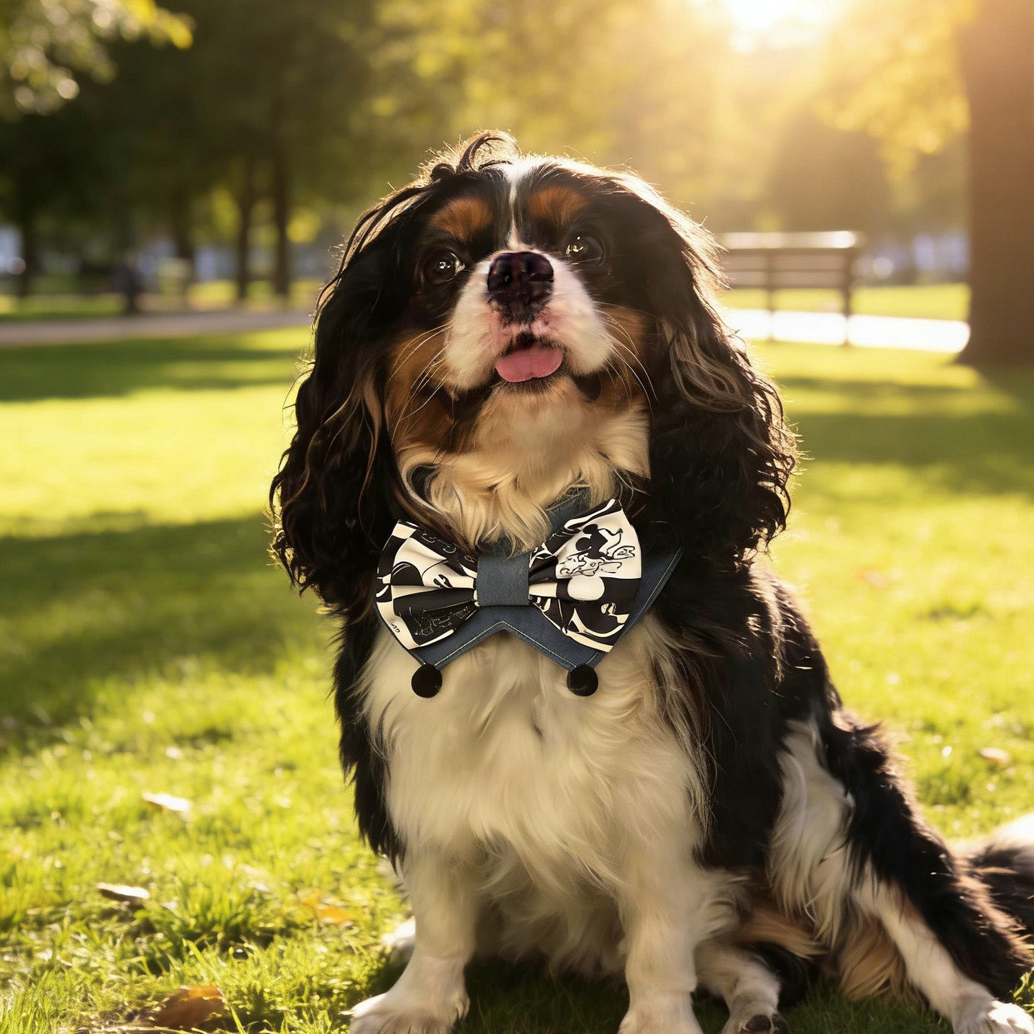 Cavalier King Charles Spaniel wearing black and white cartoon bow bandana collar outdoors