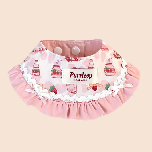 Strawberry milk pet bandana collar with pastel pink ruffle design for cats and dogs