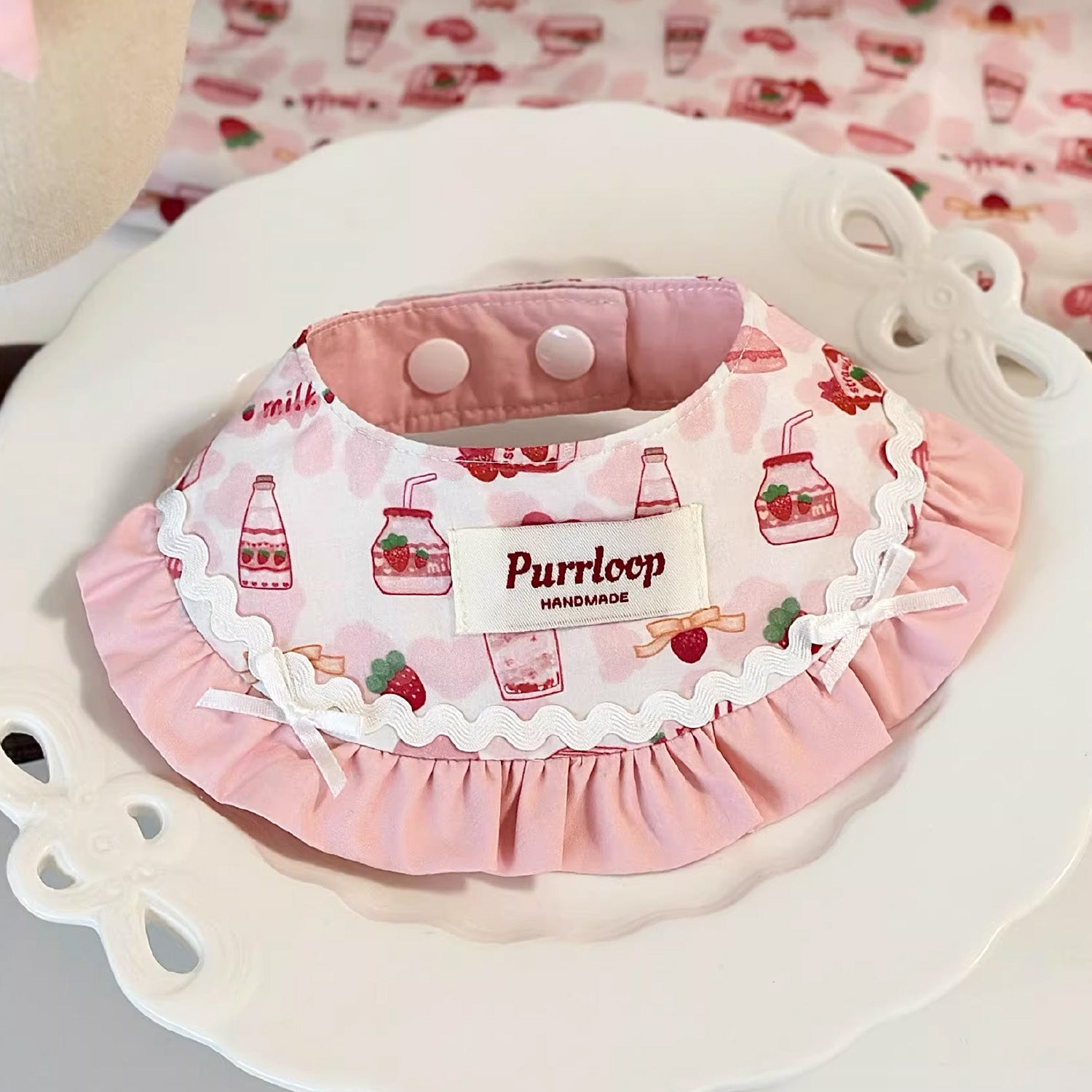 Soft cotton strawberry print ruffle pet collar with adjustable snap-button closure
