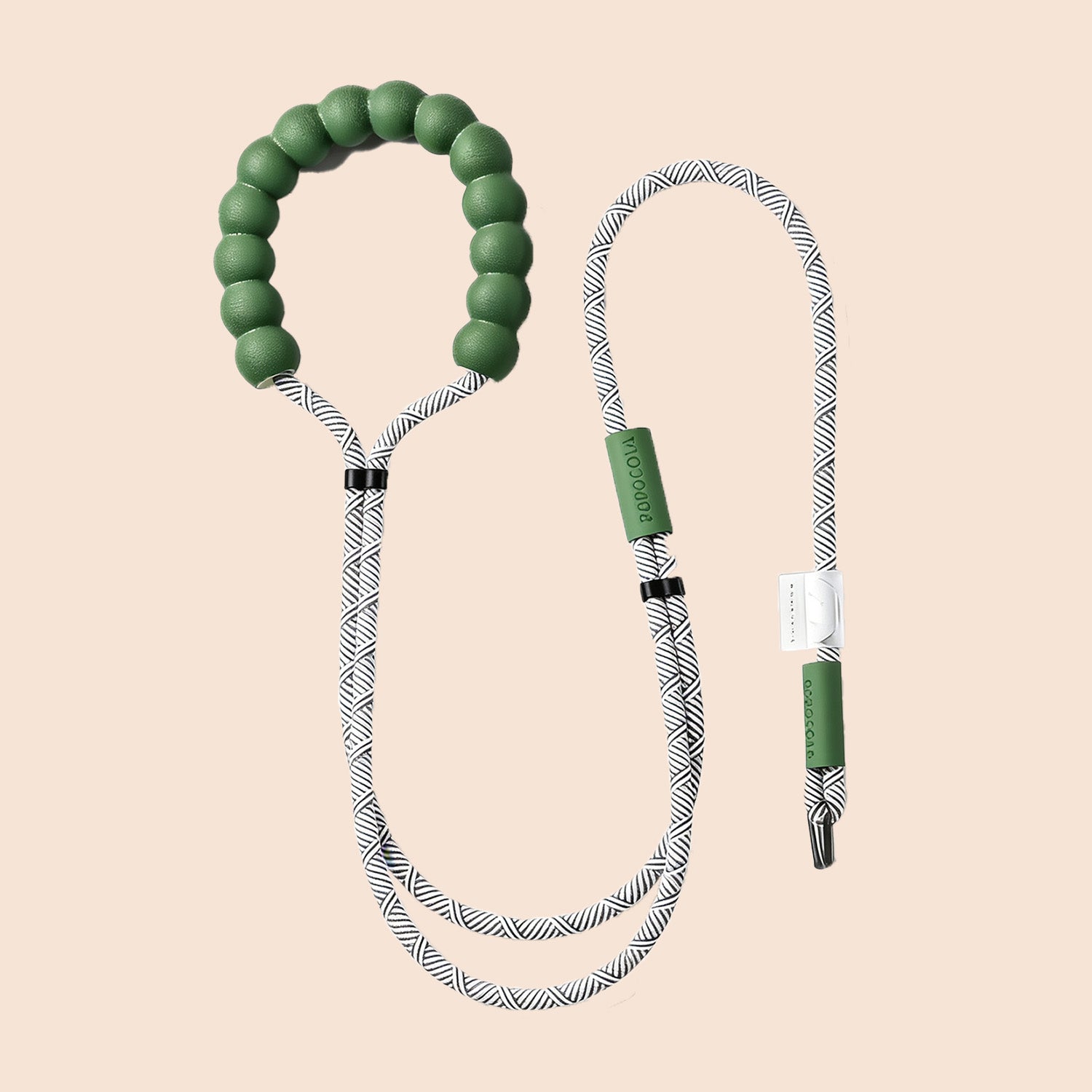 Strong green rope dog leash with soft foam beaded handle and adjustable nylon rope