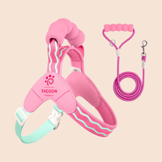 Pink stylish dog harness with handle and matching leash adjustable soft mesh vest set