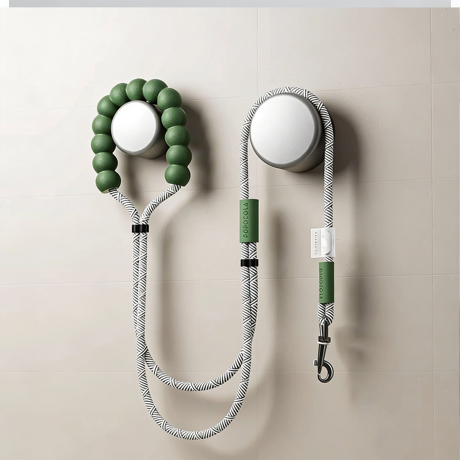 Green beaded handle dog leash hanging on wall with patterned nylon rope