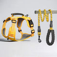 Load image into Gallery viewer, Yellow tactical dog harness and leash set laid flat showing all adjustment points and attachment hardware
