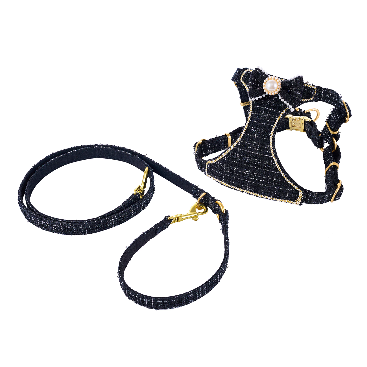 Luxury black tweed dog harness and matching leash set product shot