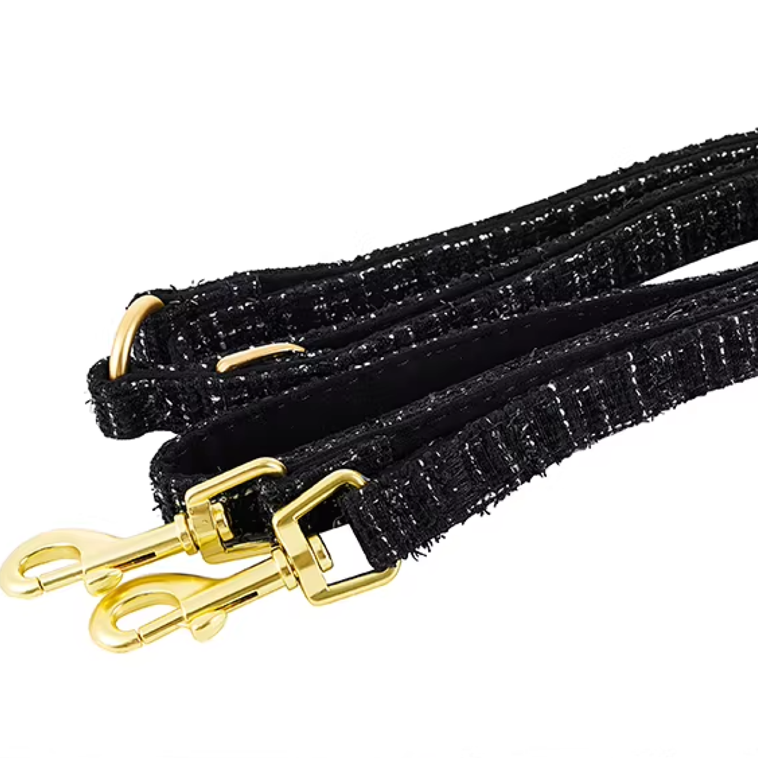 Black tweed dog leash with gold metal clasps and woven trim