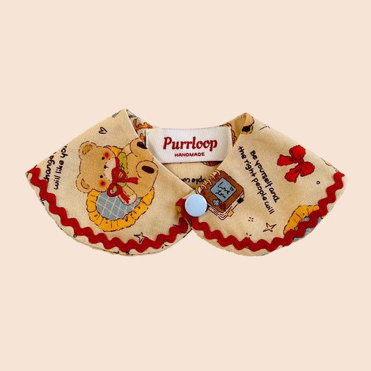 Vintage bear print pet bandana collar with warm beige teddy bear illustrations for cats and dogs