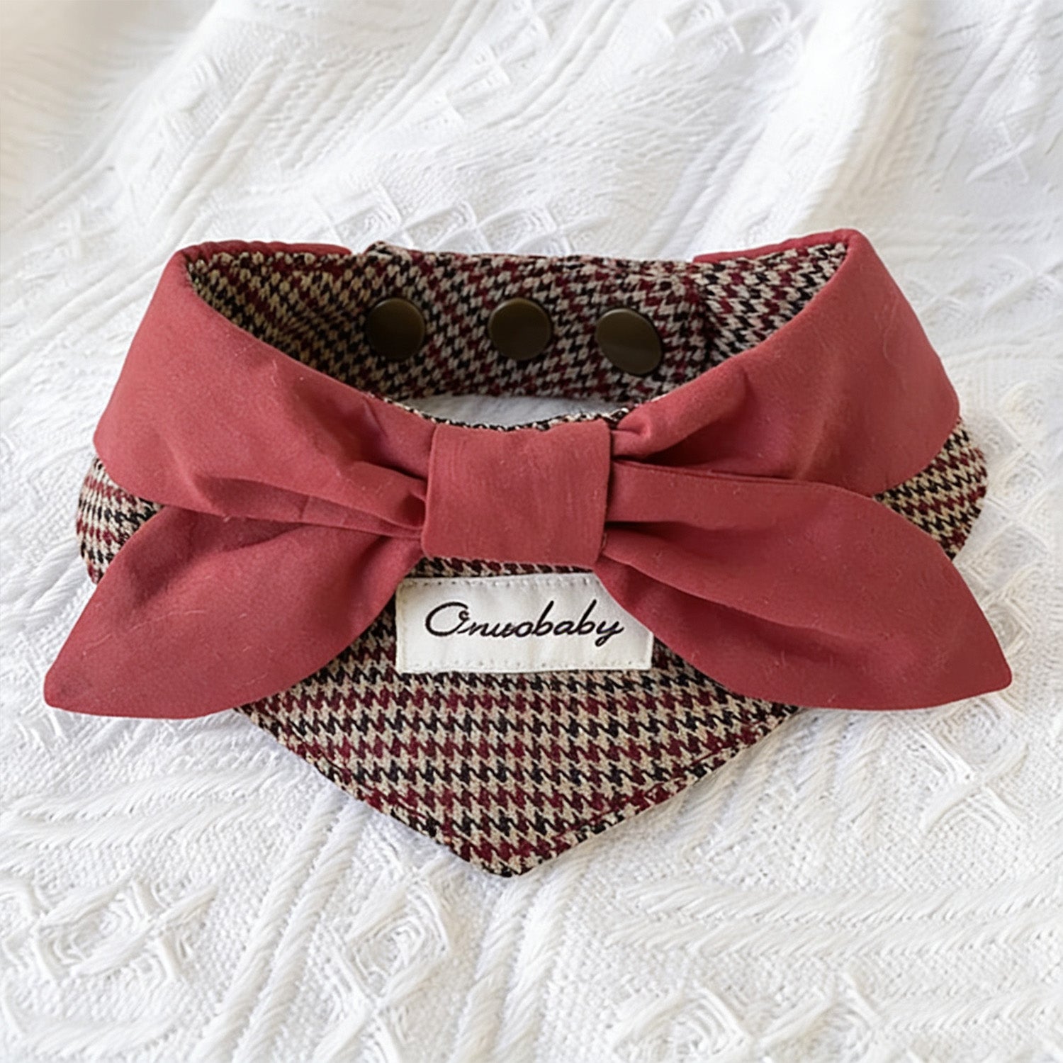Classic houndstooth bandana pet collar with red bow and snap-button closure