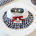 Load image into Gallery viewer, Vintage plaid ruffle bandana collar with red bow styled on white plate
