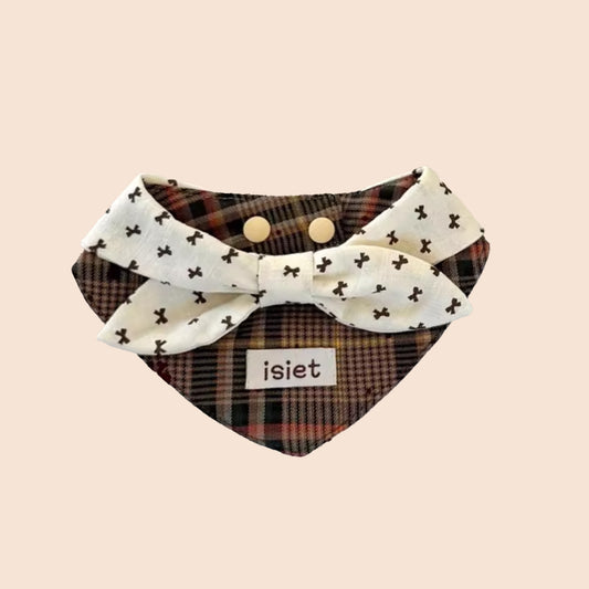 Vintage plaid pet collar with classic British check pattern and elegant bow detail