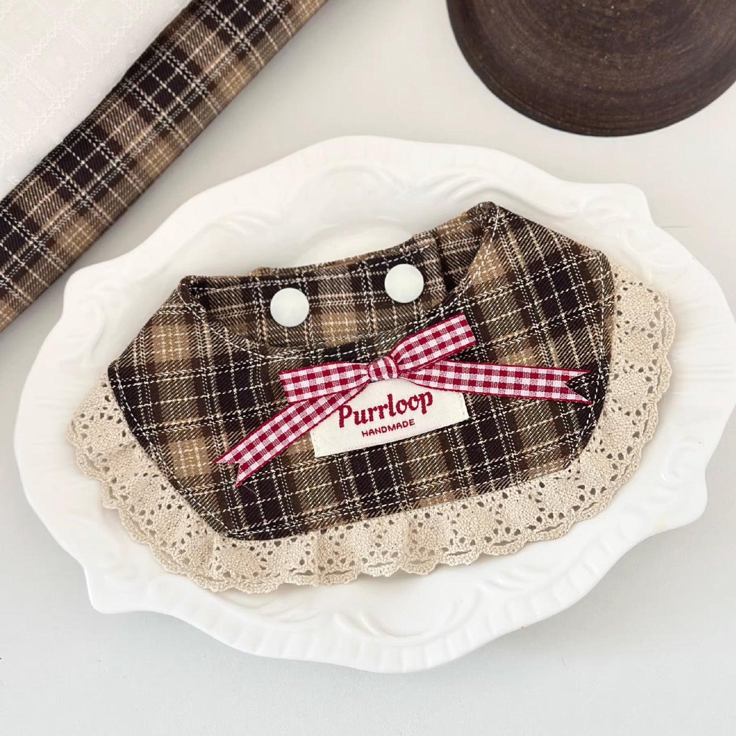 Soft cotton brown plaid lace pet collar with snap-button closure lifestyle shot