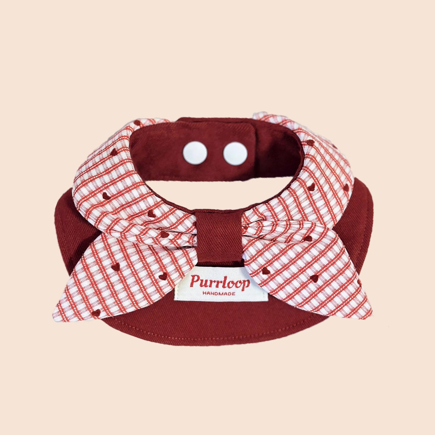 Wine red bow dog collar bandana with red plaid bow and structured design for cats and dogs
