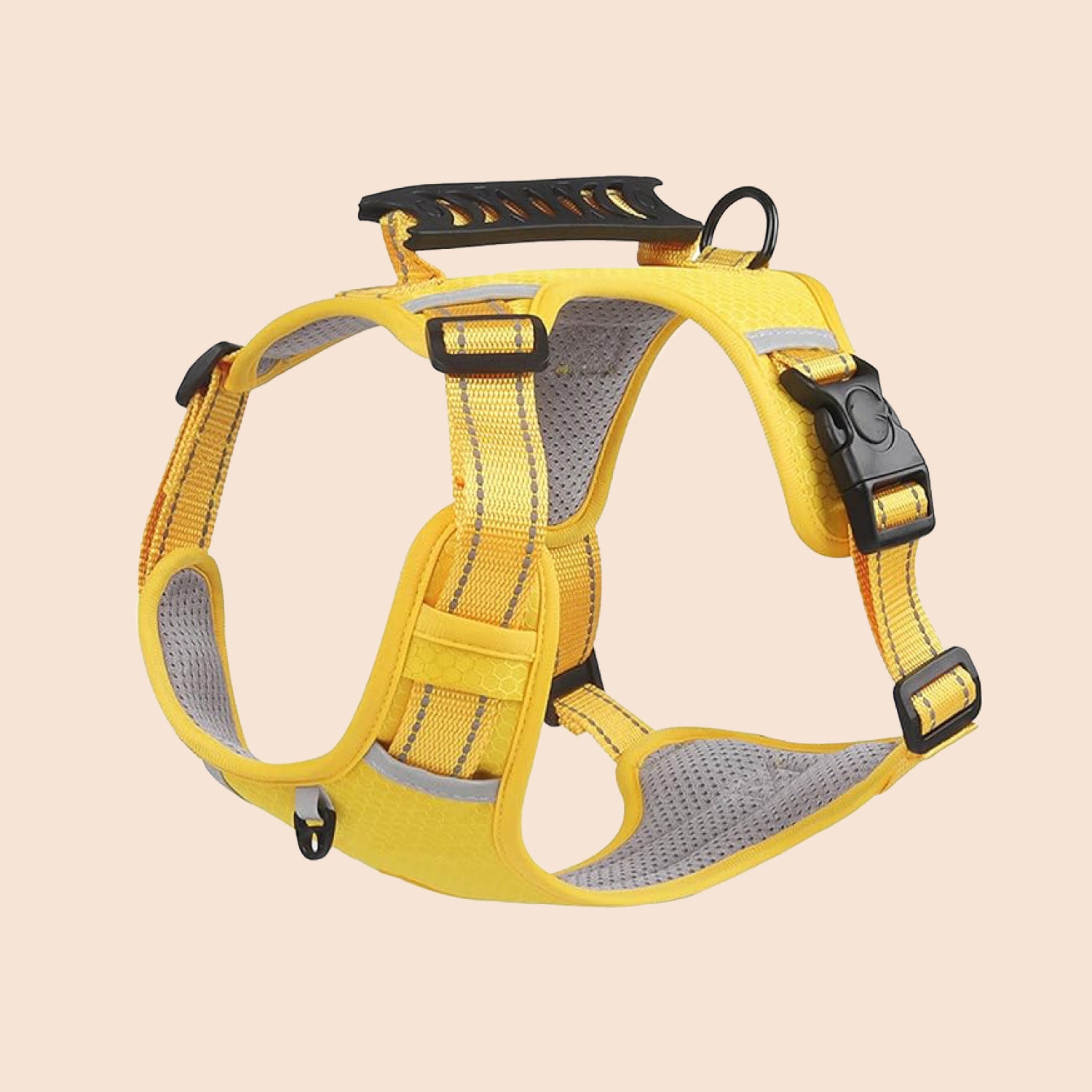 Yellow heavy duty no pull dog harness with reflective strips and top handle laid flat on white background