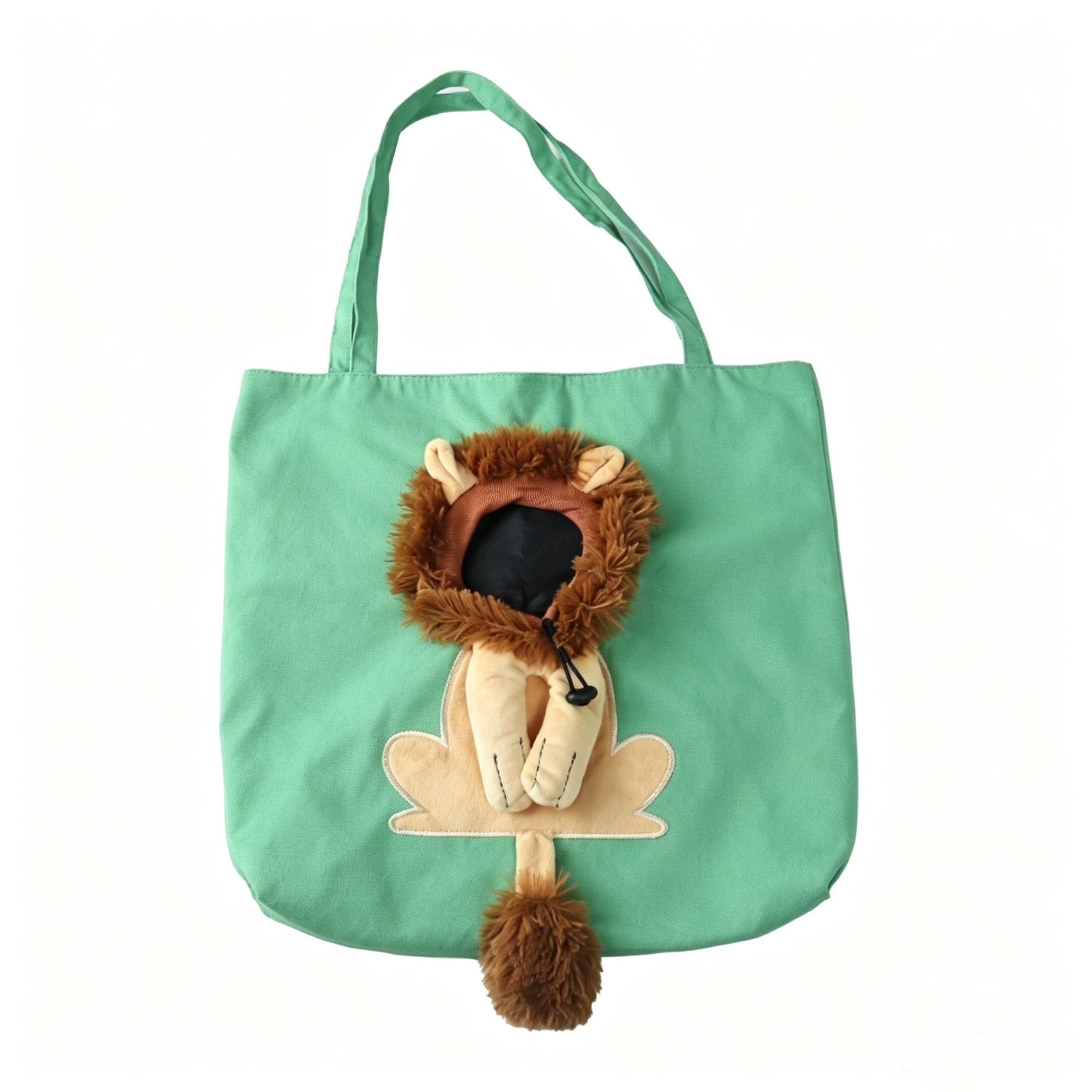 Green canvas pet shoulder tote with lion mane hood, peek-head opening and tail, white background | GraviPaw