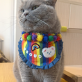 Load image into Gallery viewer, Cat modeling handmade Pride rainbow bandana with denim ruffle and custom name embroidery
