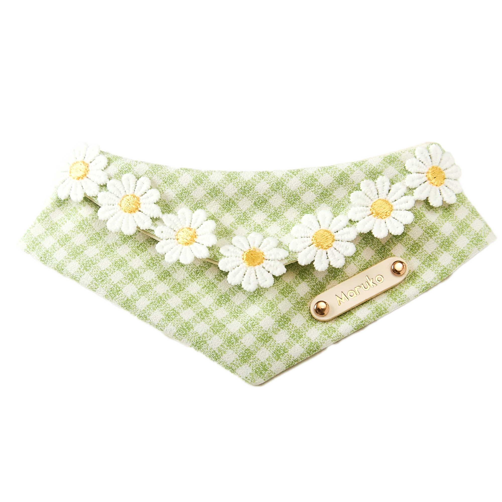 Full flat view of green gingham daisy pet bandana with snap closure for cats and small dogs