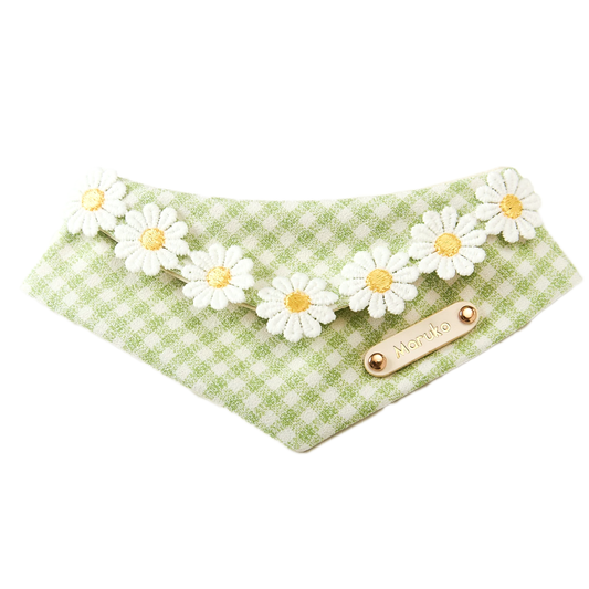 Full flat view of green gingham daisy pet bandana with snap closure for cats and small dogs
