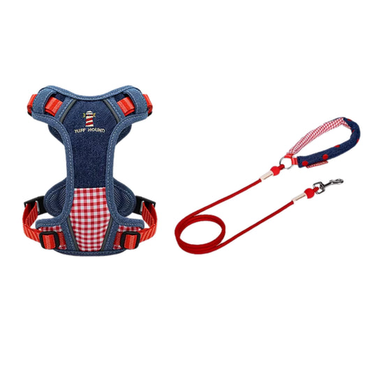 denim blue dog harness with leash set breathable adjustable pet harness for daily walking