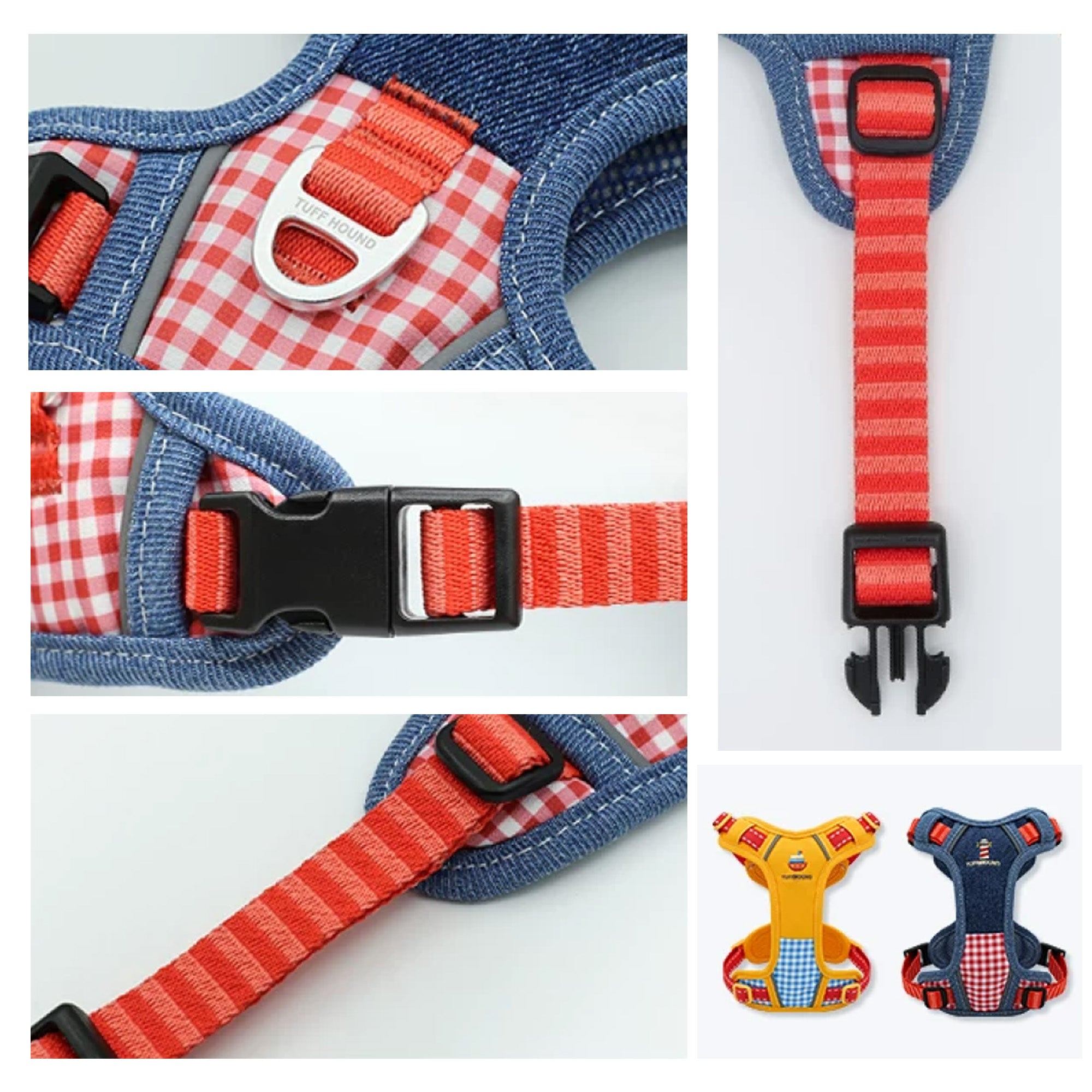 dog harness detail close up showing breathable fabric adjustable straps and durable metal buckle
