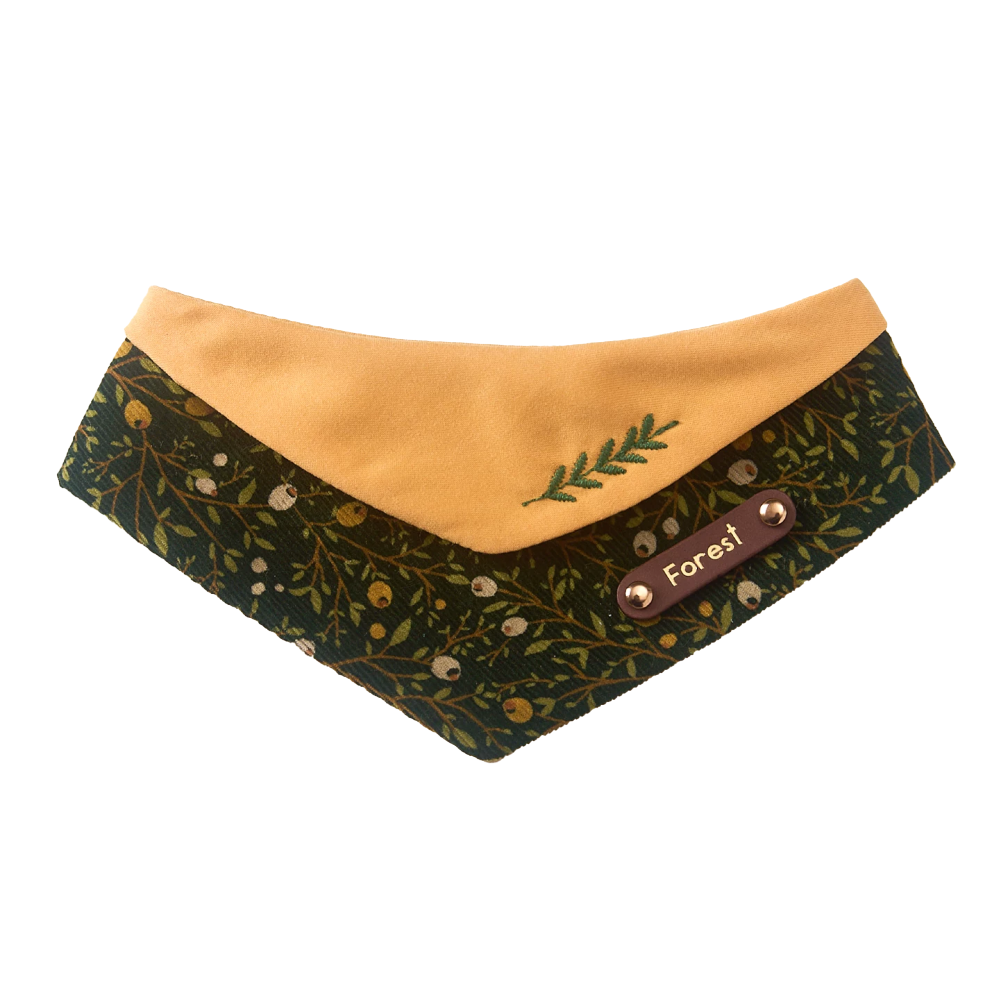 Personalized forest botanical pet bandana in deep green corduroy with mustard accent and embroidered fern, engraved leather name tag