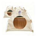 Load image into Gallery viewer, Gravipaw custom embroidered cat tent bed shown folded flat, beige canvas pet cave with tan interior lining
