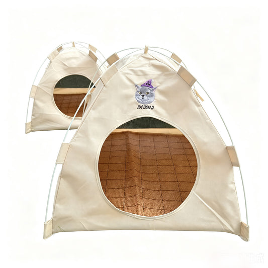 Gravipaw custom embroidered cat tent bed shown folded flat, beige canvas pet cave with tan interior lining