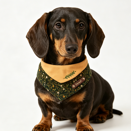 Dachshund wearing a green bandana with a name tag on a white background