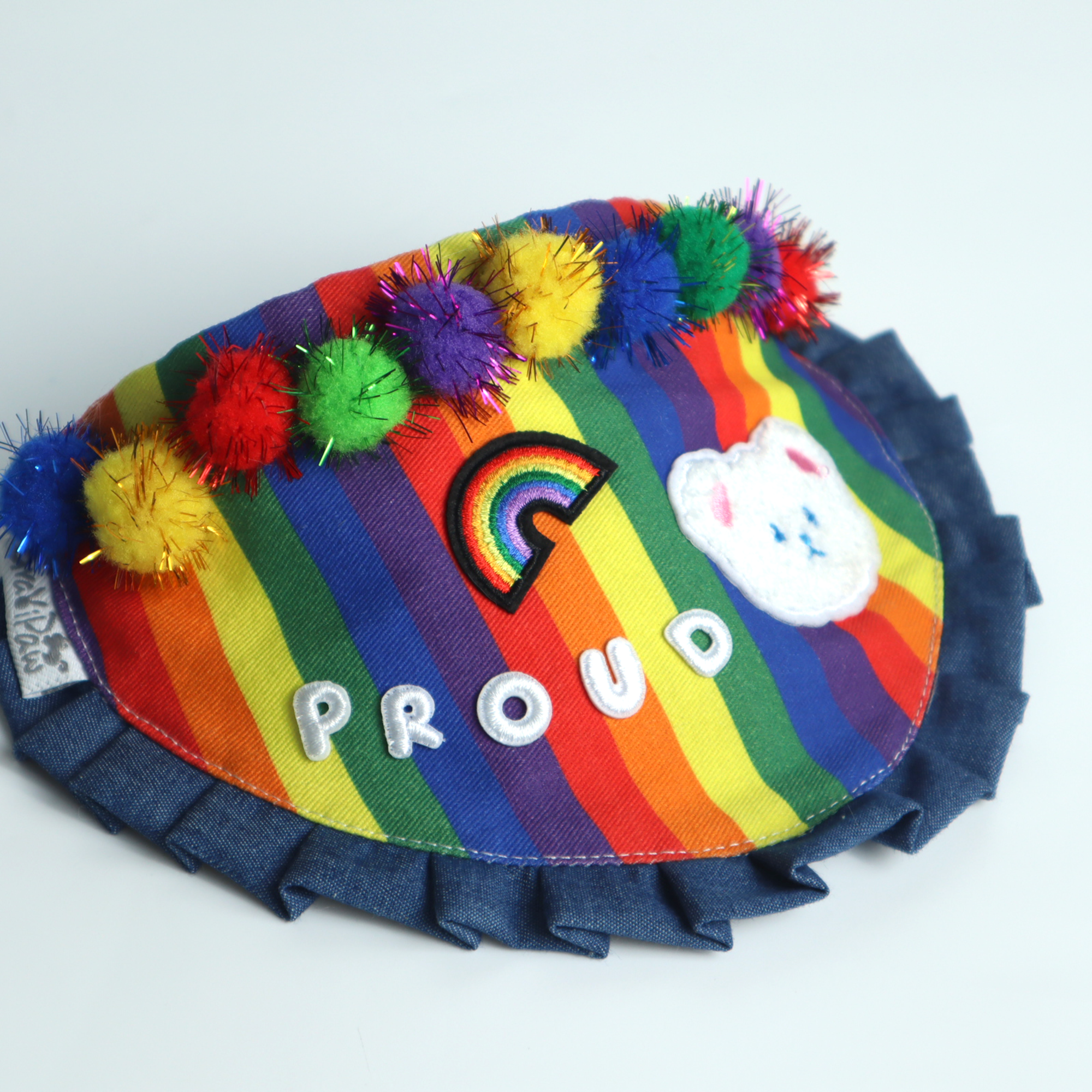 LGBTQ Pride pet bandana with denim ruffle hem and custom embroidered text, handmade in Hong Kong