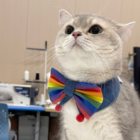 Rainbow bandana dog collar with denim and cotton fabric