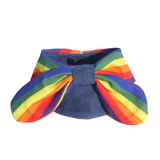 Handmade rainbow pride bow bandana collar for cats and dogs, denim and cotton, flat lay product photo by GraviPaw