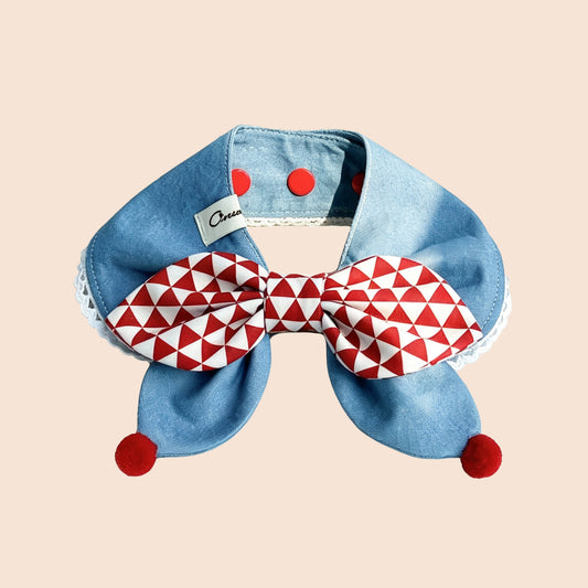 Handmade red white geometric bow bandana collar for cats and small dogs by GraviPaw