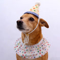 Load image into Gallery viewer, Dog wearing a colorful polka dot birthday hat and bib on a white background
